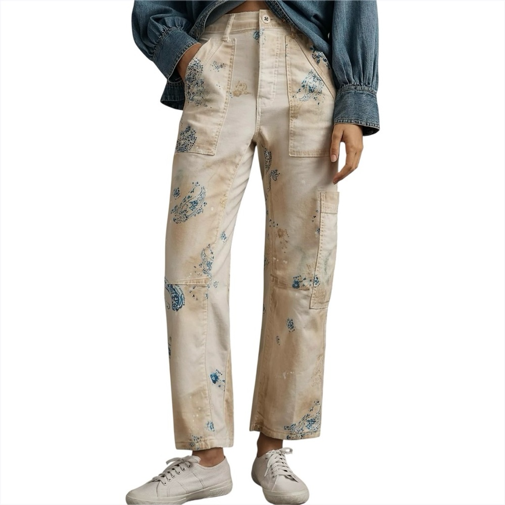 Pilcro Beige Cropped Utility Pants with Blue Floral Print